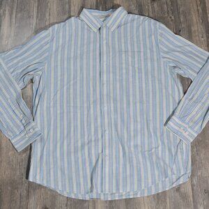 LL Bean Traditional Fit Blue Yellow Striped Button Shirt Cotton Oxford Large